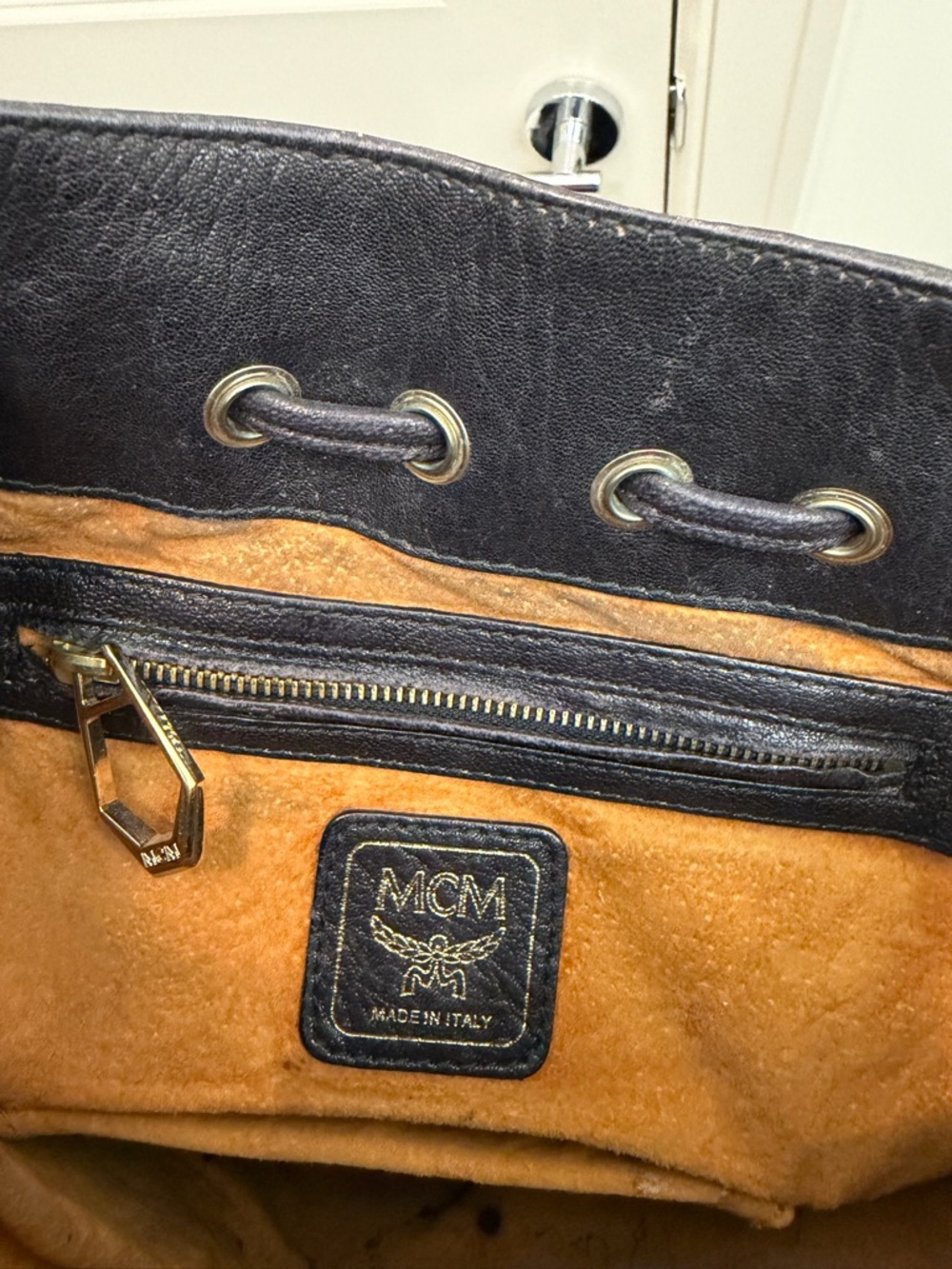 MCM Black Leather Monogram Drawstring Hobo with Gold Hardware - Picture 9 of 15